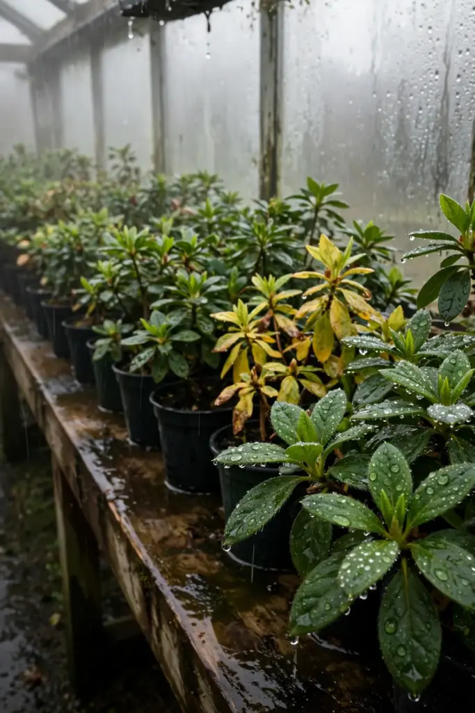Crowded greenhouse bench with wet leaves and overhead water droplets