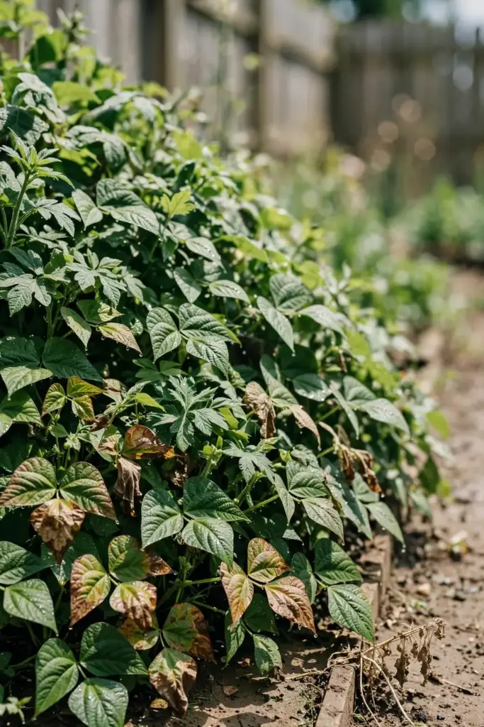 Crowded wet garden bed with droplets on leaves and bare soil splash zones.