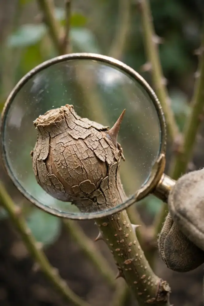A magnifying glass over a gall swelling on a rose cane at a pruning cut