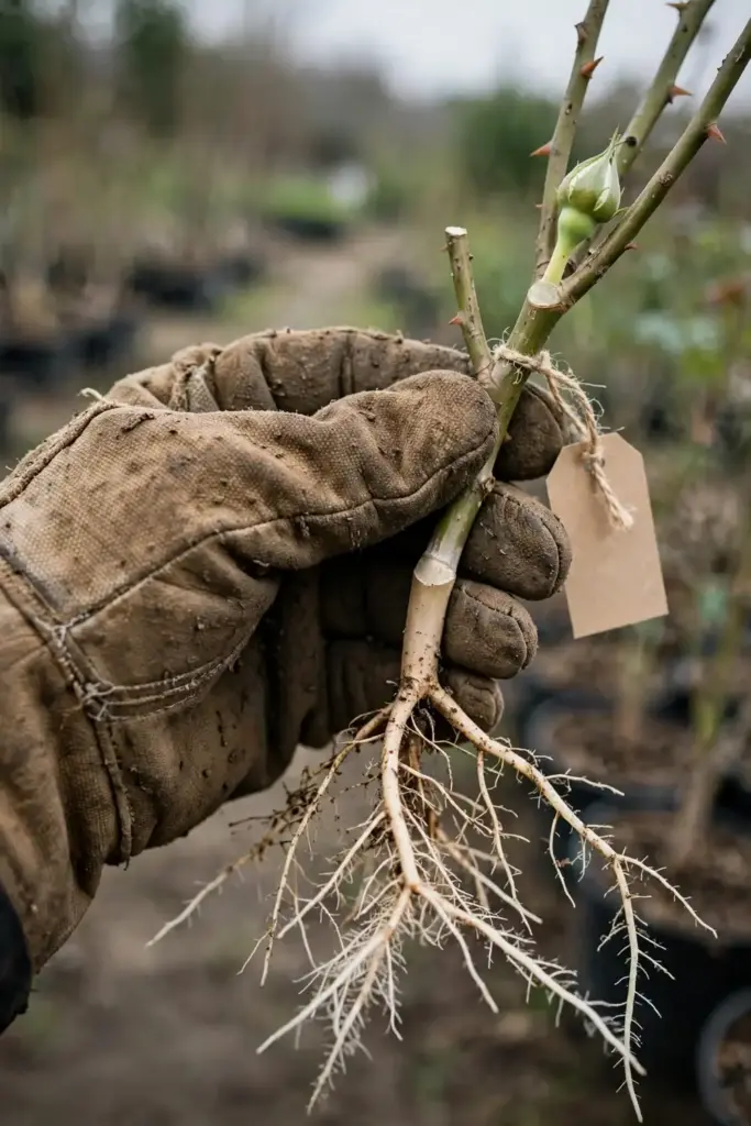 A worn garden mitt holding a healthy bare-root rose for pre-planting inspection
