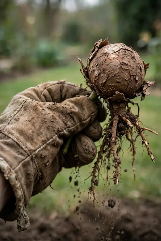 A worn garden mitt turning a dug-up rose crown to inspect the gall