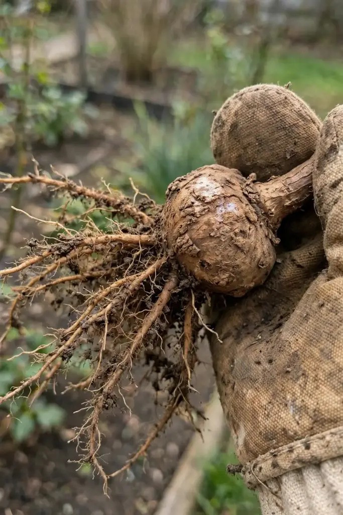 A worn garden mitt holding a rose root crown with a woody gall attached