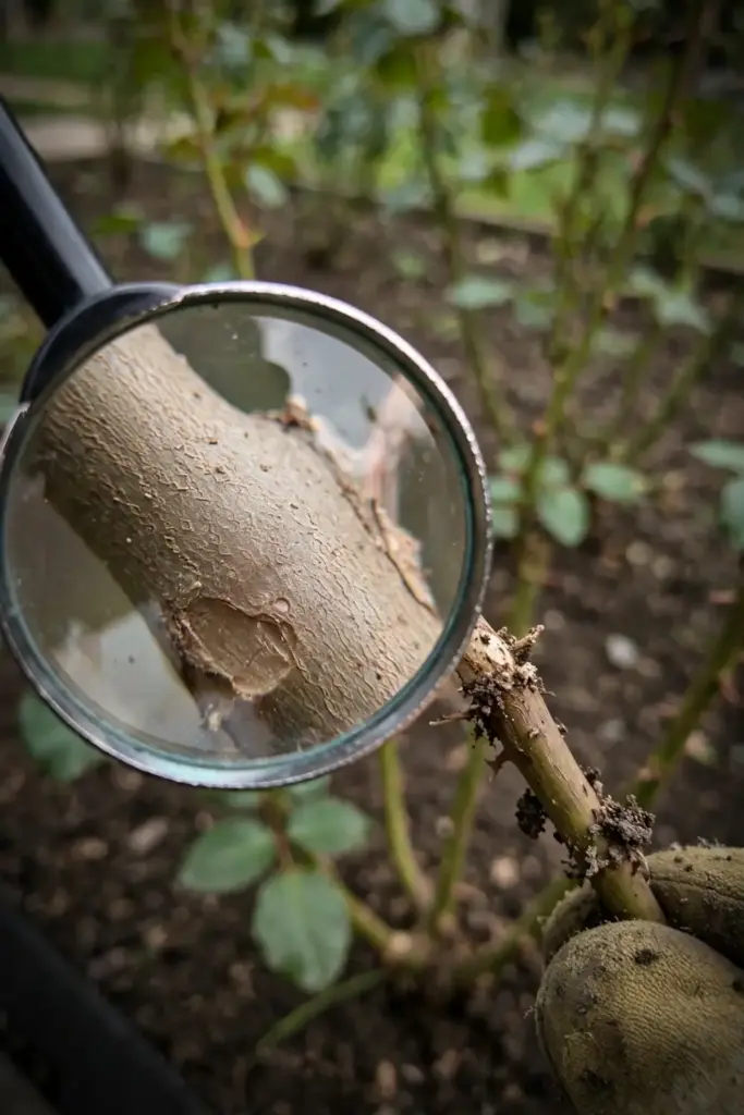 A magnifying glass checking a small bump on a rose crown