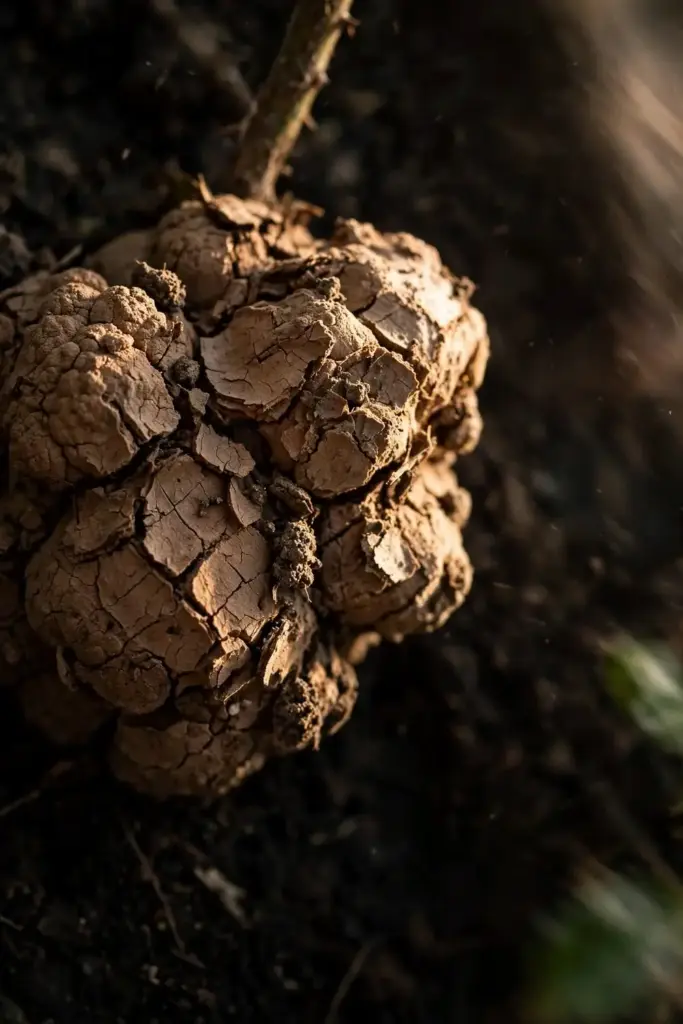 Close macro of a crown gall's rough cauliflower-textured woody surface
