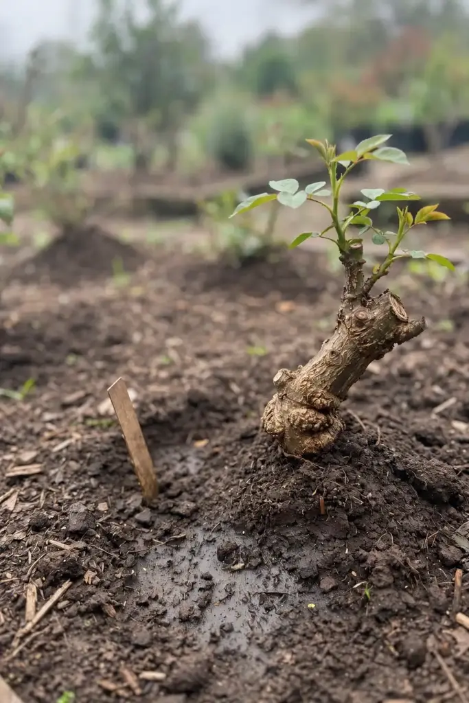 A newly planted grafted rose with its graft union just above the soil