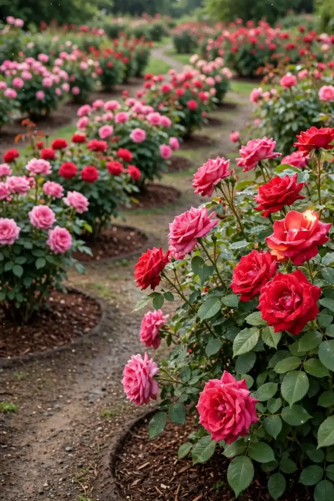 A thriving rose garden with rows of blooming roses in morning light