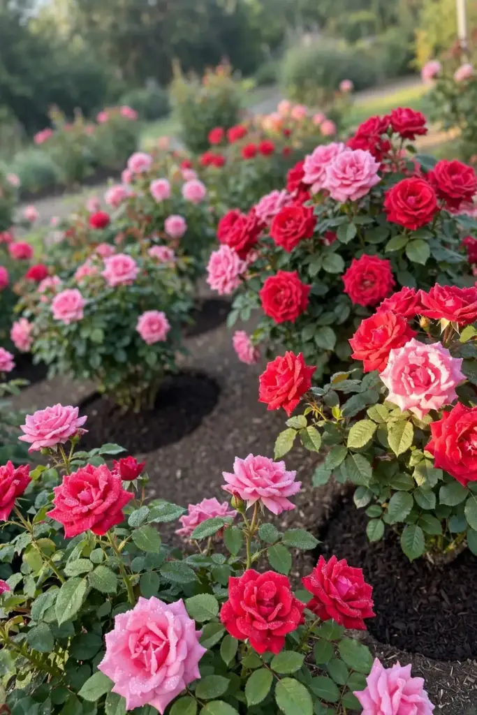 A thriving rose bed with healthy blooms a season after crown gall removal