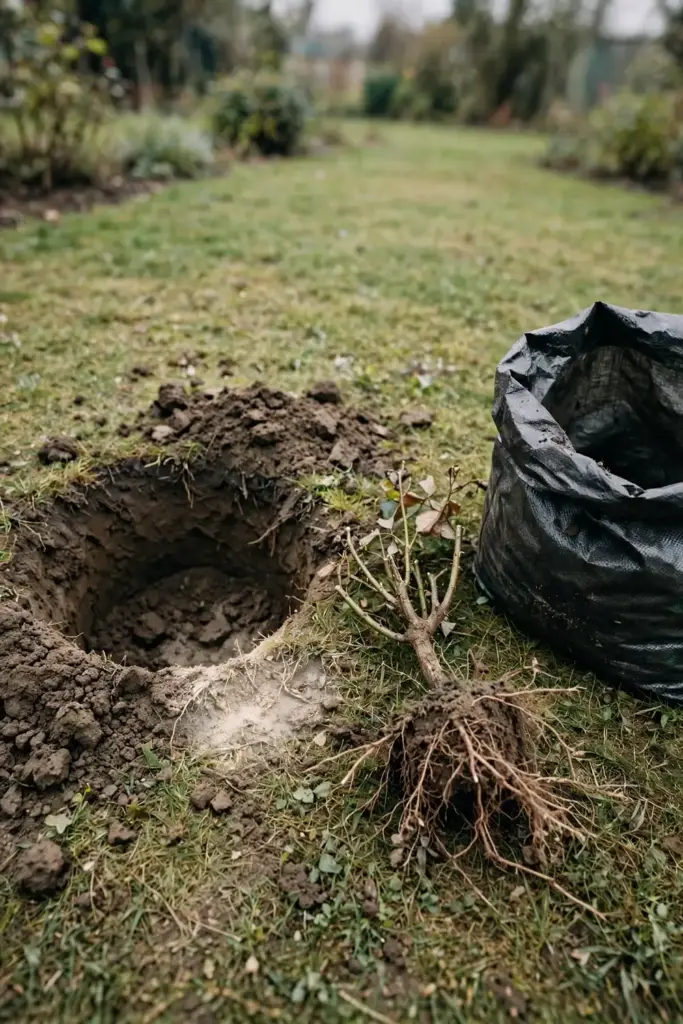 A dug-up rose beside its empty planting hole with a garden bag ready