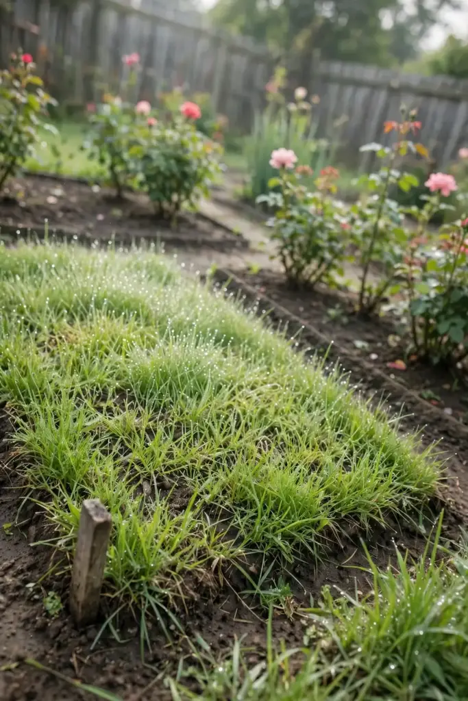 A resting garden bed sown with fresh grass where a rose once grew