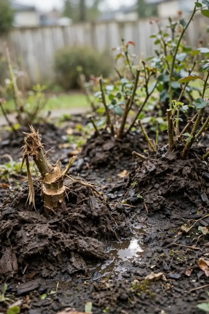 Mulch piled against rose stems and a trimmer scar stripping bark at a base