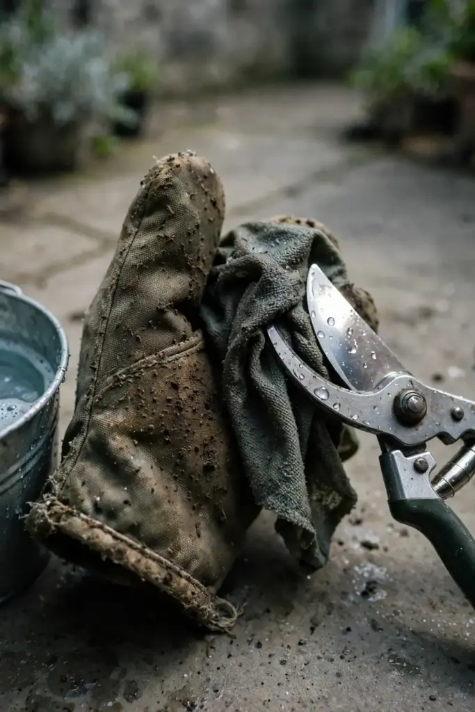 A worn garden mitt wiping pruning shears clean beside a bucket