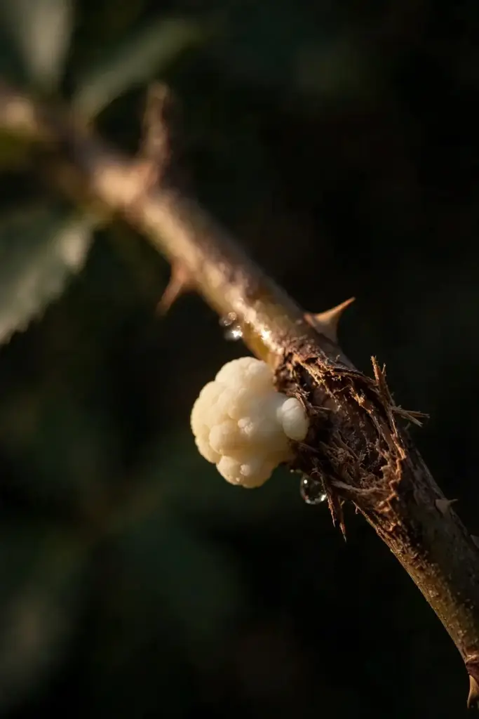A fresh stem wound with a small pale gall beginning to swell beside it