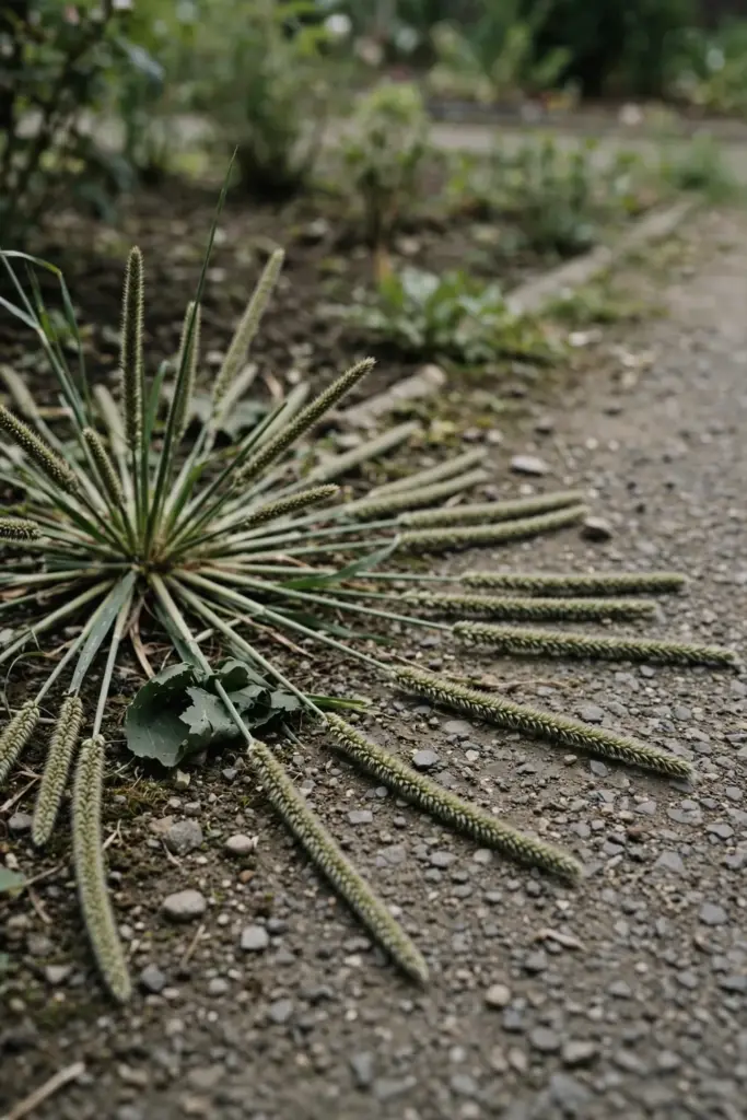 Crowsfoot grass stems radiating flat with finger-like seed spikes on a path