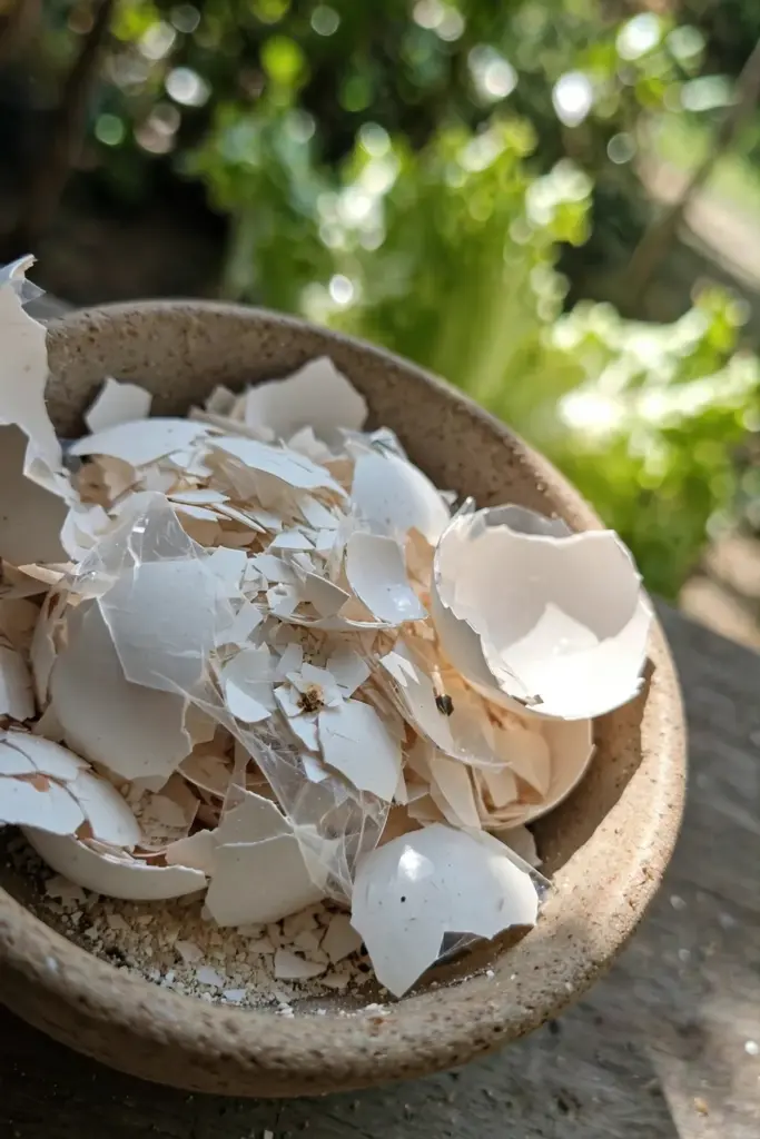 Crushed white eggshells in a bowl with lettuce behind