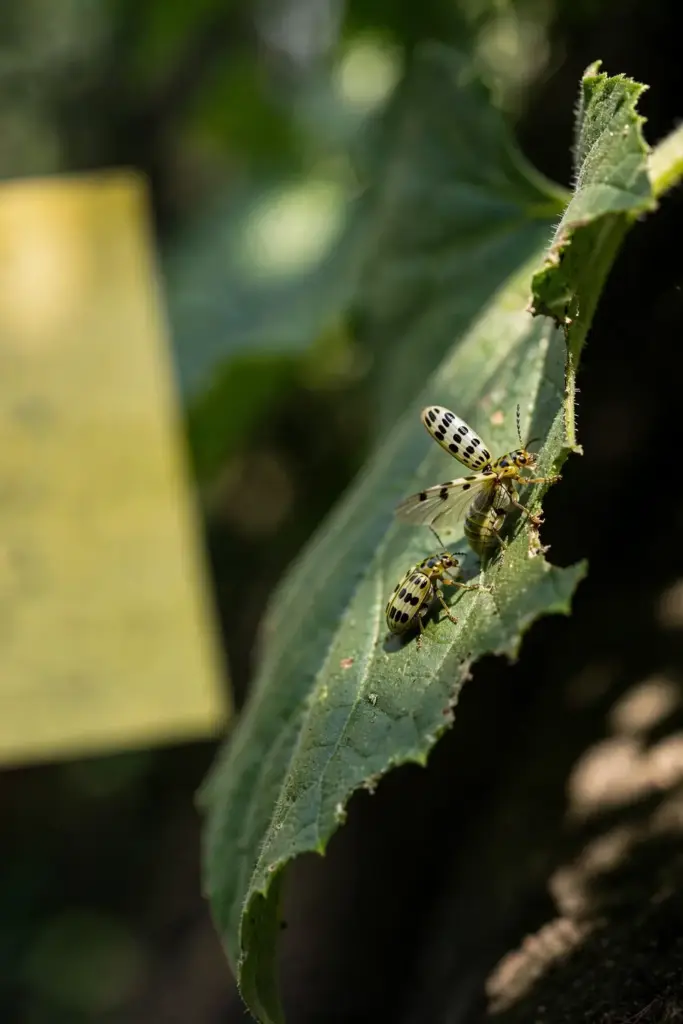 Cucumber beetles on a cucurbit leaf beside a yellow sticky card.