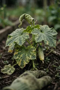 Cucumber plant with mosaic mottled leaves held by a worn garden mitt in a home bed