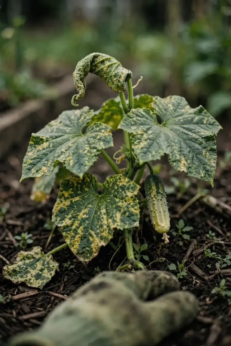 Cucumber plant with mosaic mottled leaves held by a worn garden mitt in a home bed