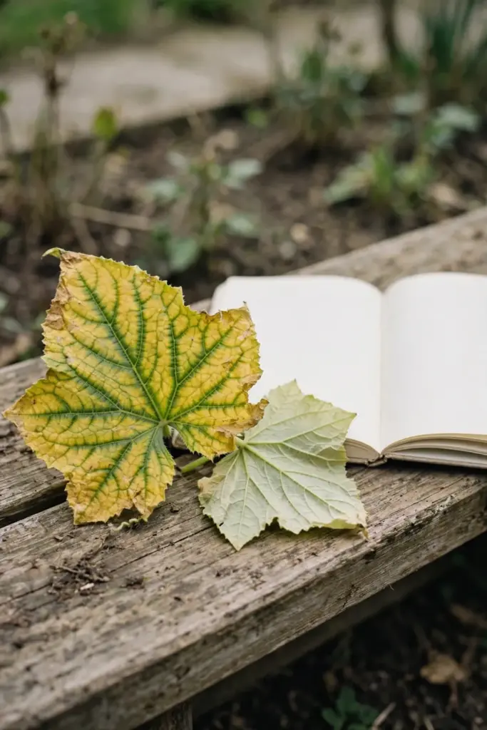 Yellowing cucumber leaf with green veins beside a notebook on a bench
