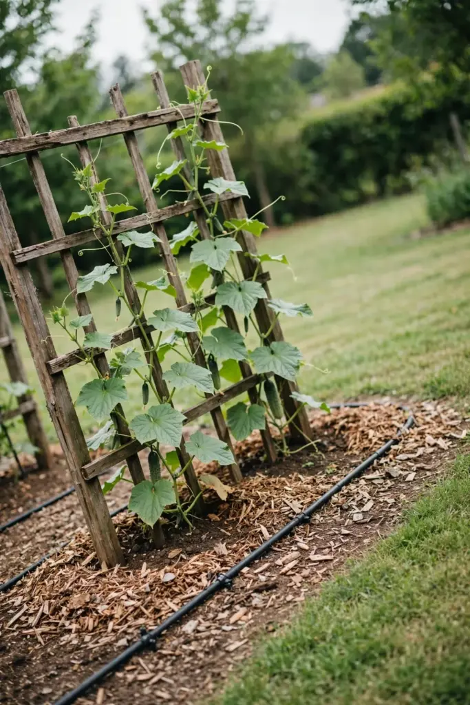 Trellised cucumber vine with mulch around the bed