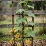 Cucumber vine with yellowing leaves and green new growth in a home garden