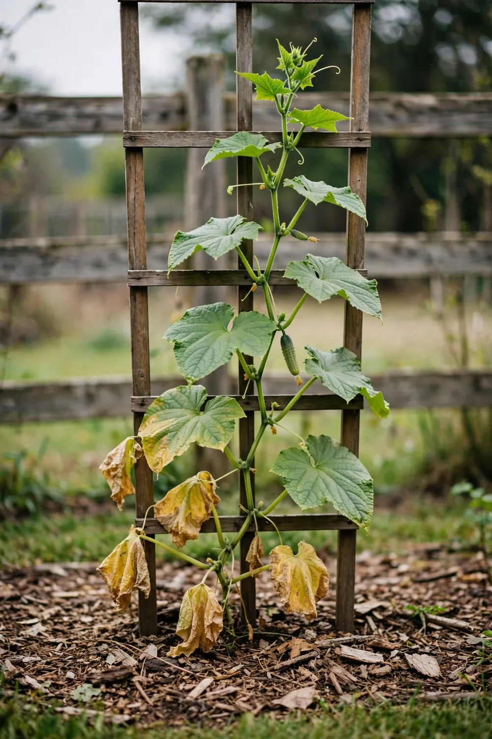 Cucumber vine with yellowing leaves and green new growth in a home garden
