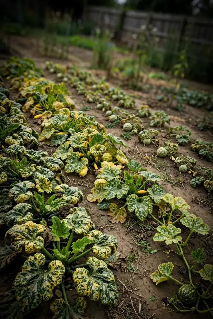 Cucurbit bed with mosaic damage across melon, squash, and cucumber vines.
