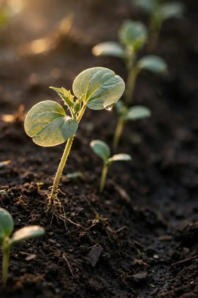 Cucurbit seedlings pushing through dark crumbly soil.