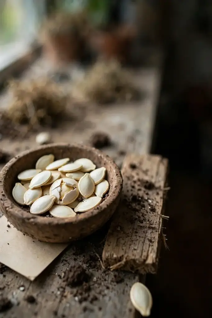 Cucurbit seeds in a small wooden bowl on a potting bench.