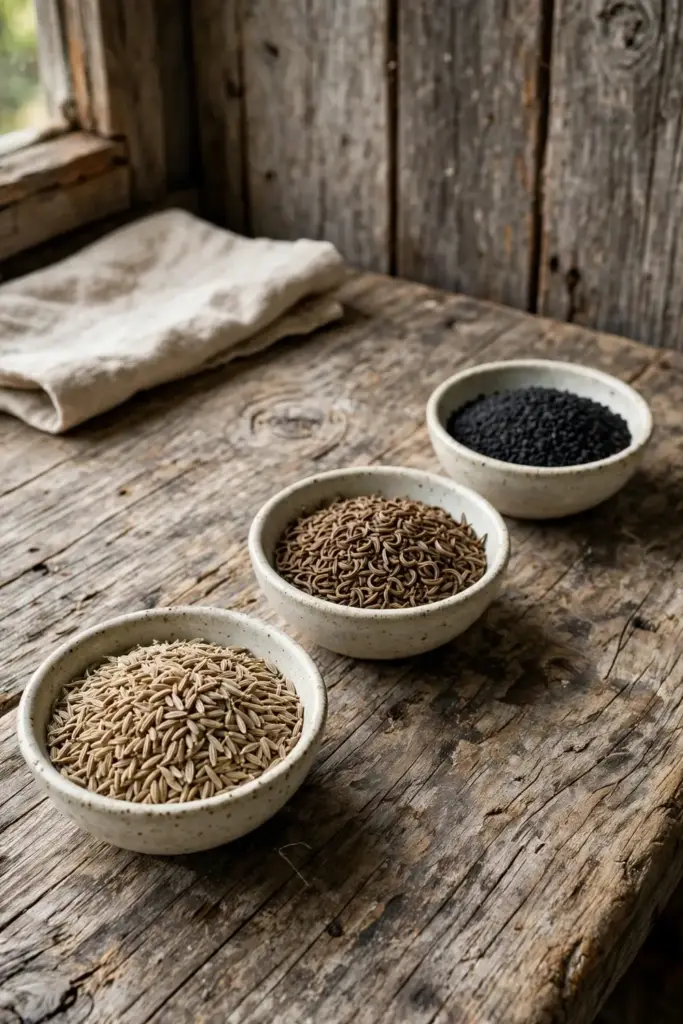 Close comparison of cumin, caraway and black cumin seeds in three small bowls