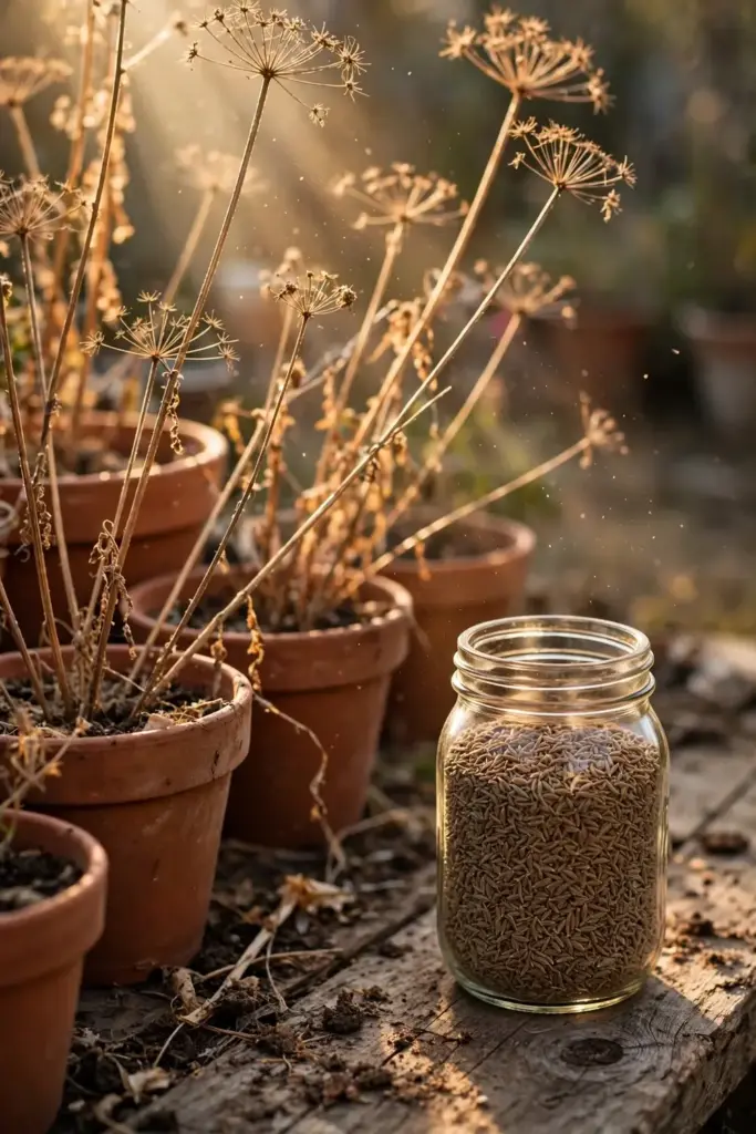 Jar of homegrown cumin seed with the pots that grew it