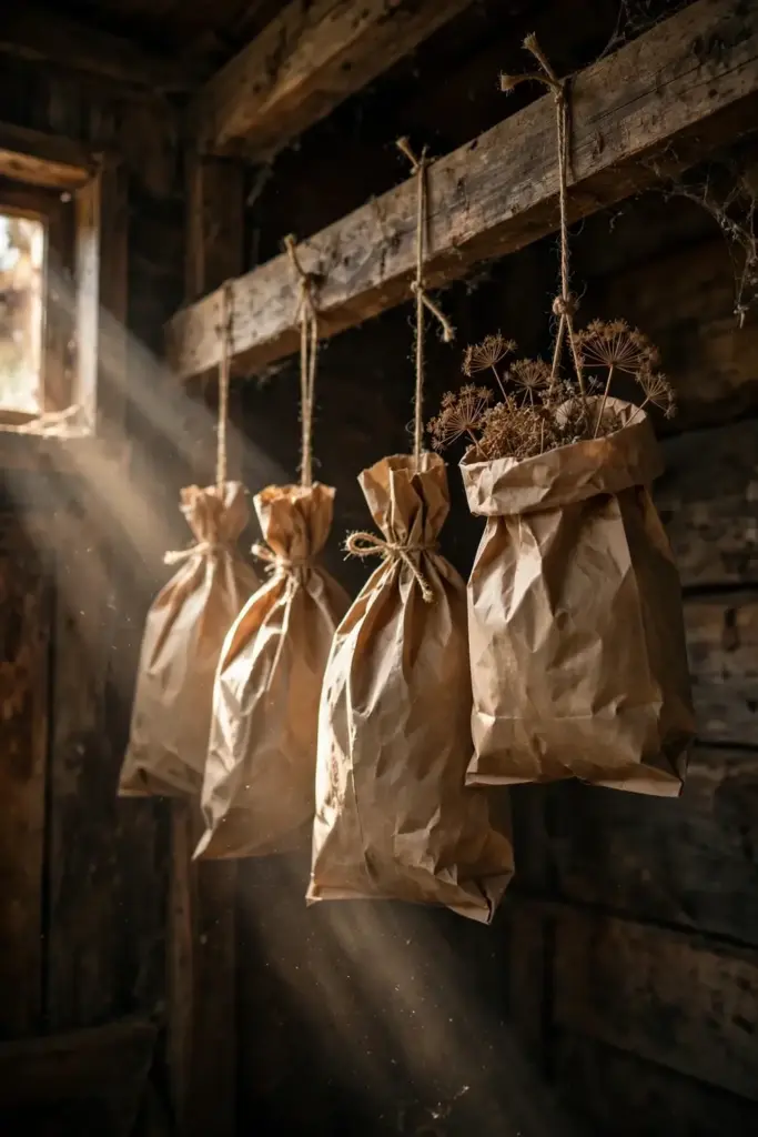 Paper bags of cumin heads hanging to dry in an airy shed