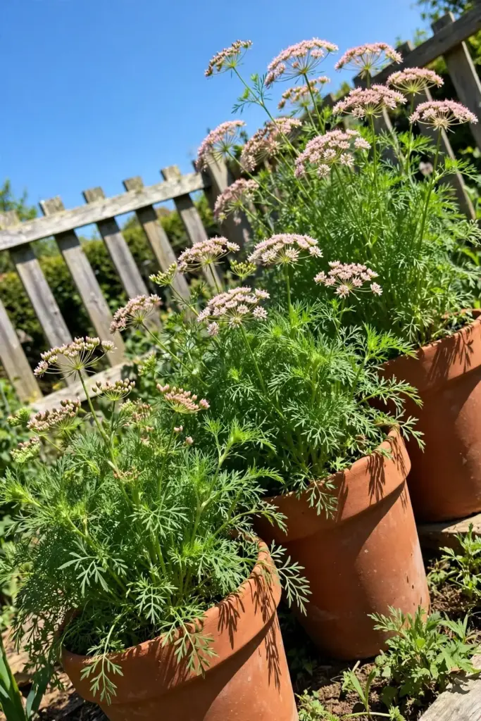 Healthy mature cumin pots thriving in full sun
