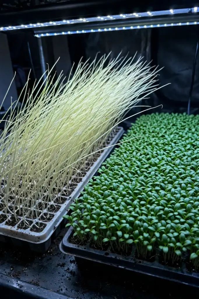 Leggy stretched cumin seedlings contrasted with compact healthy ones