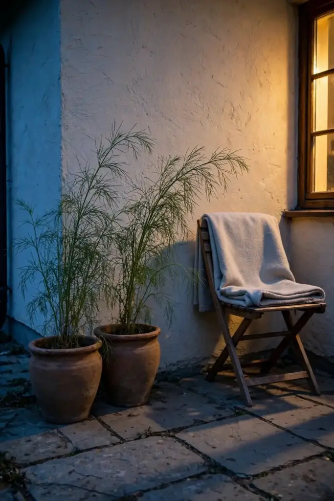 Cumin pots moved to a sheltered spot ahead of a cool night