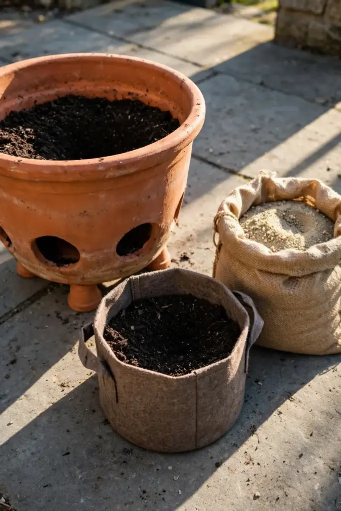 Terracotta cumin pots with drainage holes raised on pot feet