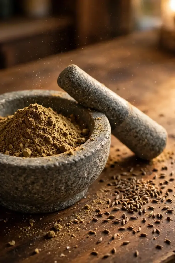Mortar and pestle grinding freshly toasted cumin seed