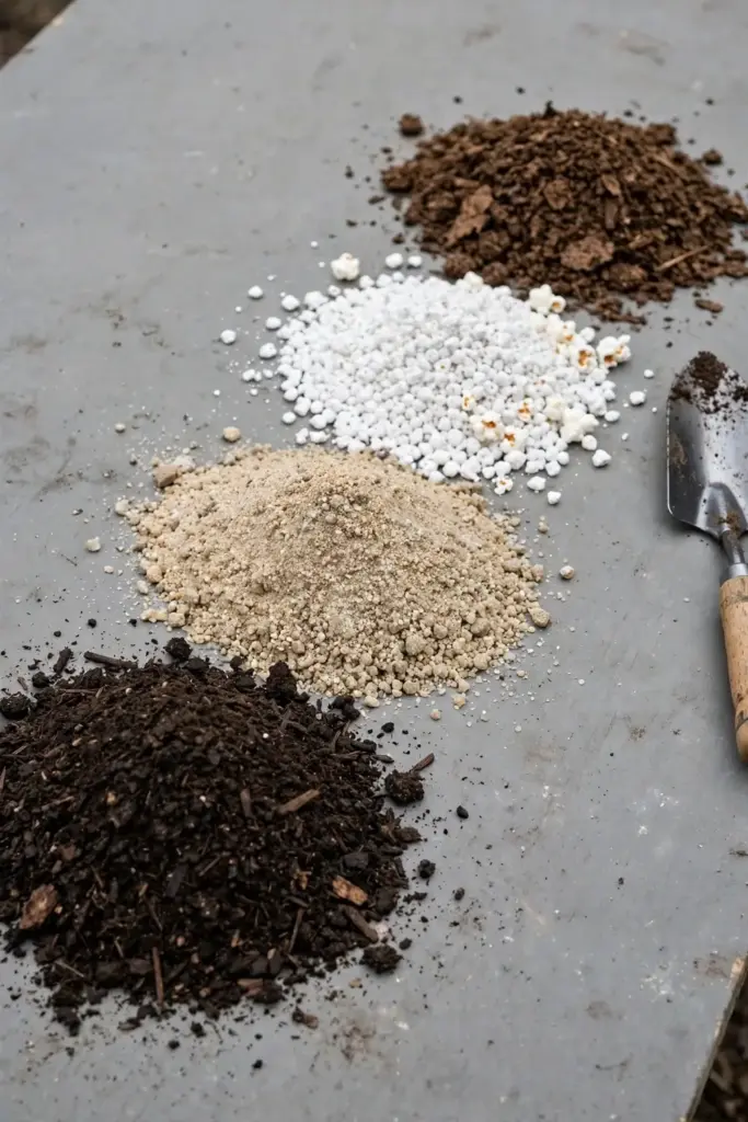 Sandy potting mix ingredients for cumin arranged in small piles