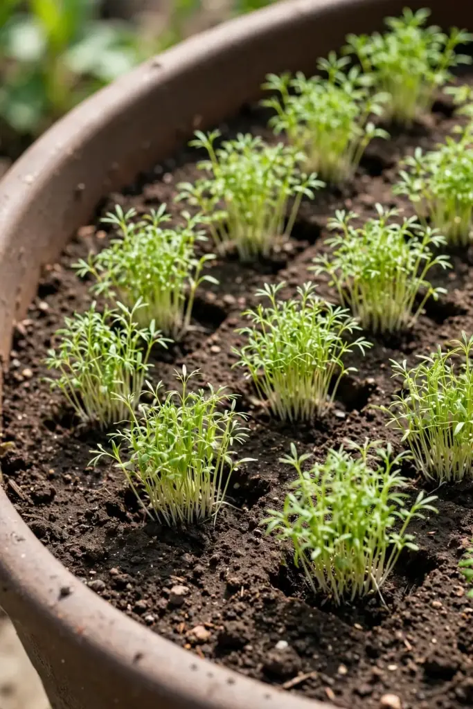 Dense cumin seedlings thinned to four inches apart in a pot