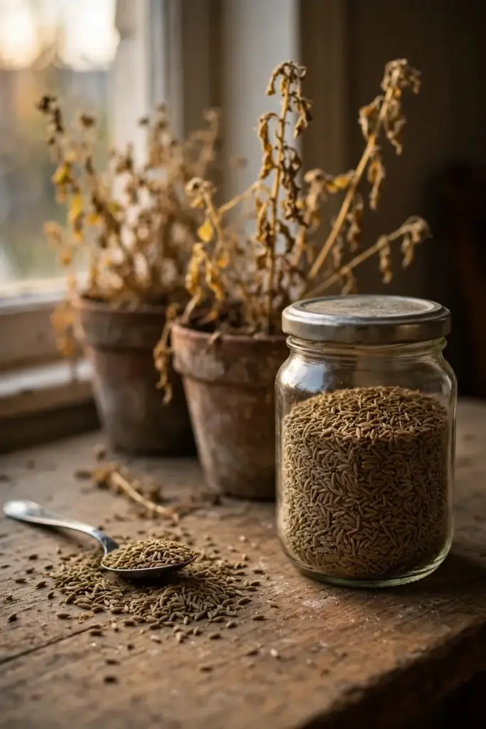 Small glass jar of homegrown cumin seed beside the empty pots
