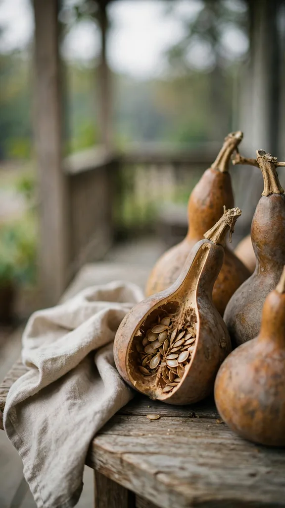 Cured gourds with dry hard shells and one split open showing dry seeds