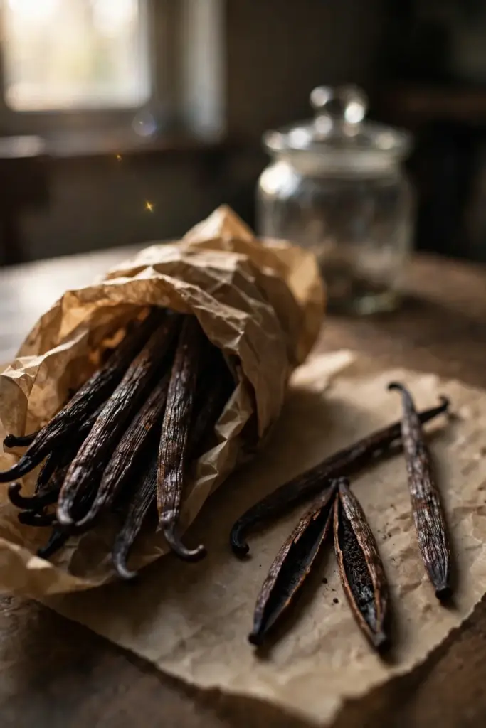 Dark cured vanilla pods bundled in parchment paper