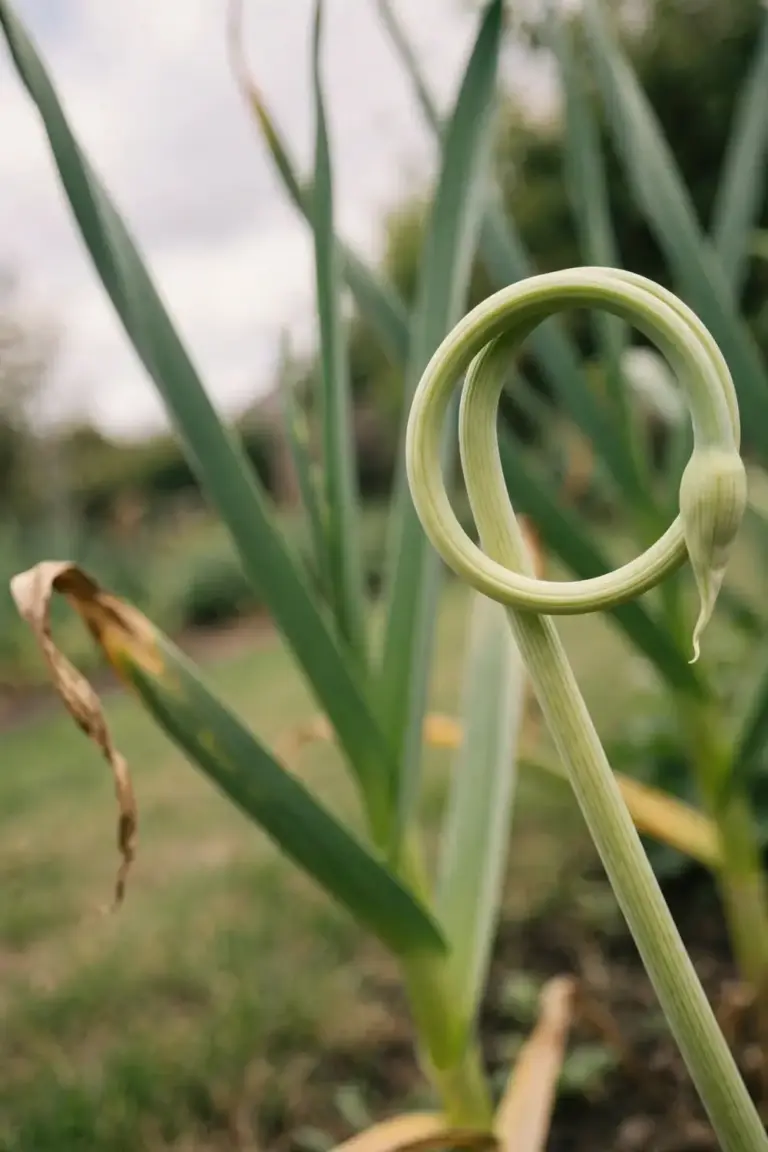 Curly garlic scape curling above hardneck garlic leaves