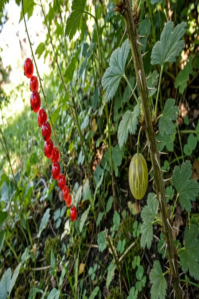 Red currant strings beside a thorny gooseberry stem with striped fruit