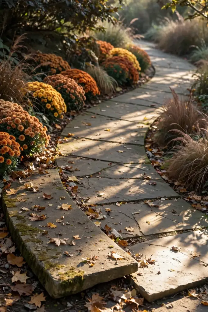 Curving stone path through autumn beds making the garden feel larger
