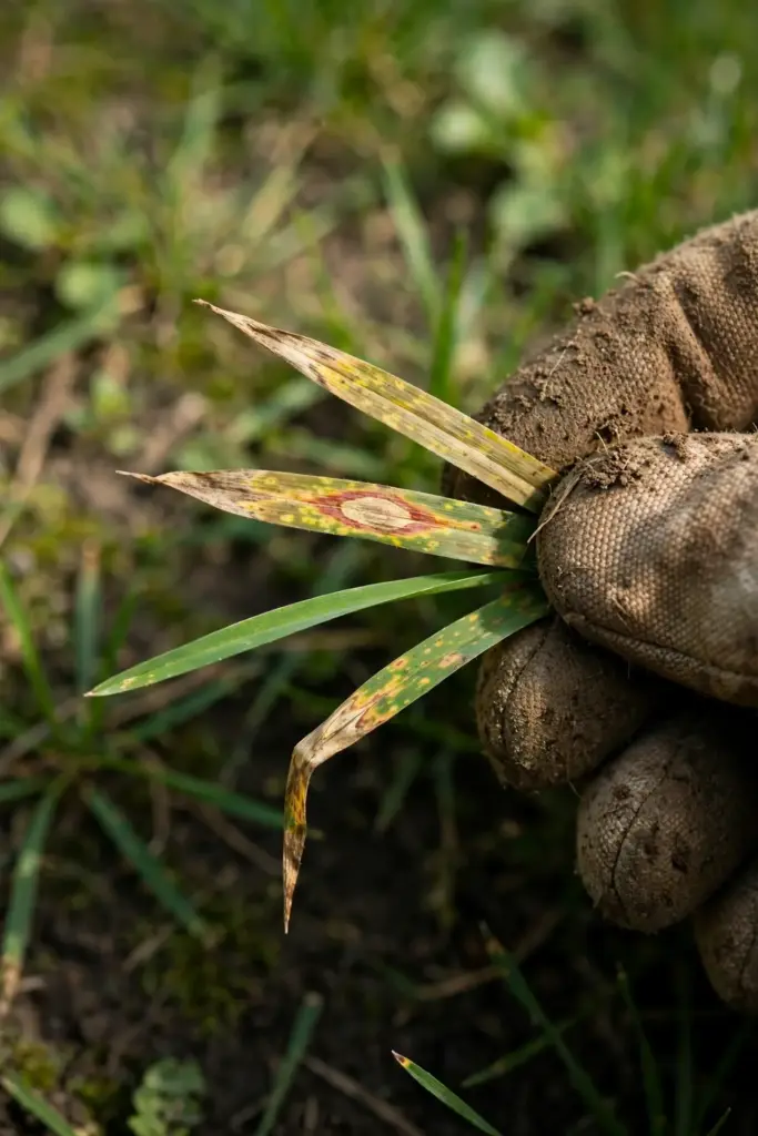 Faded grass blades with tip-down yellowing held in a worn garden mitt
