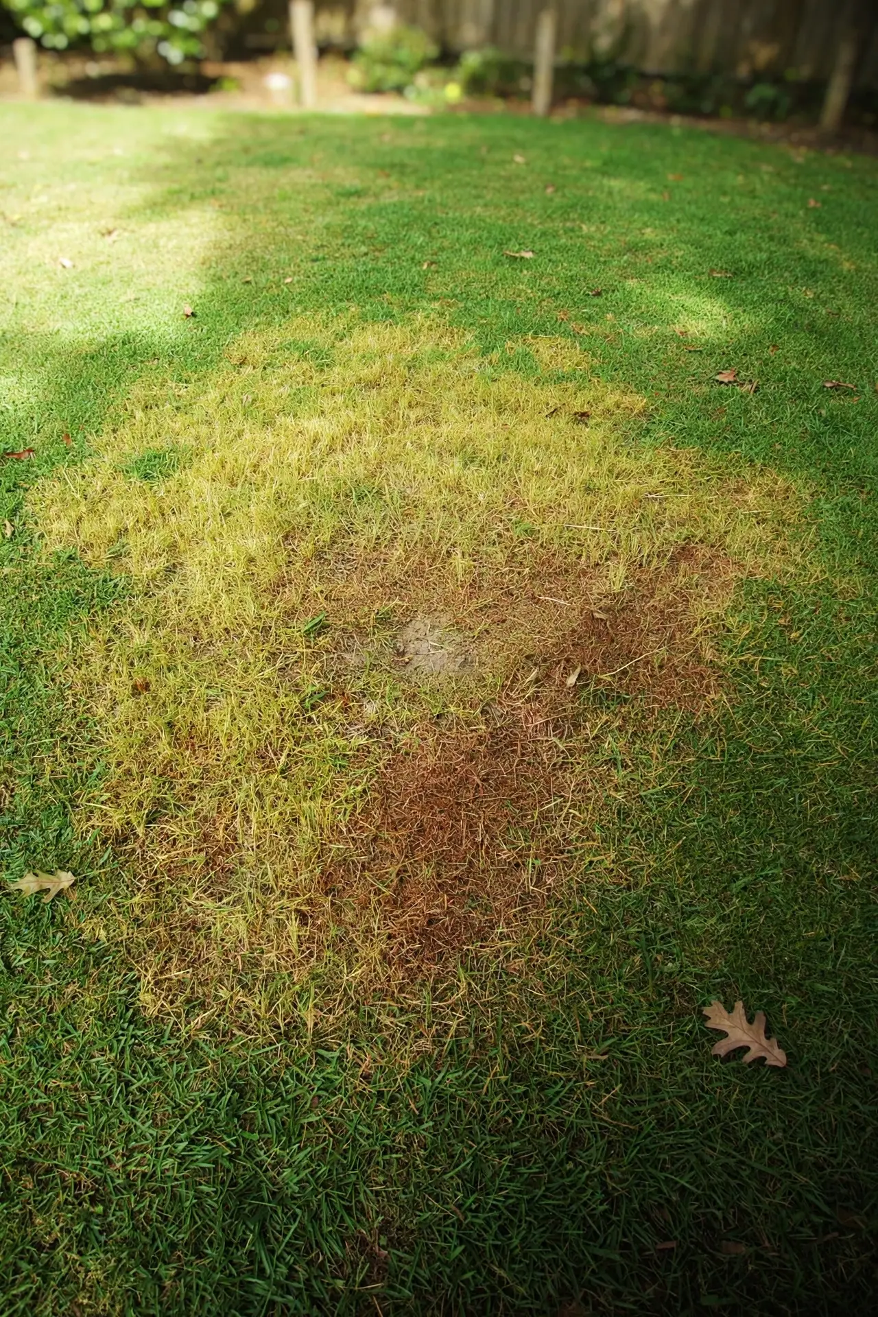 Home lawn with yellow-green faded patches and reddish-brown dead centers from blight