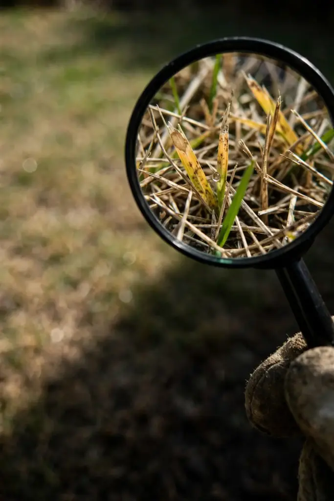 Magnifying glass enlarging faded blades over a lawn patch