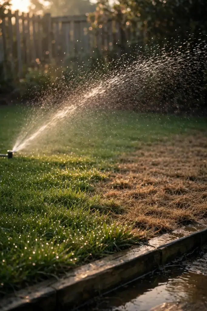 Morning sprinkler arc throwing droplets across a green lawn