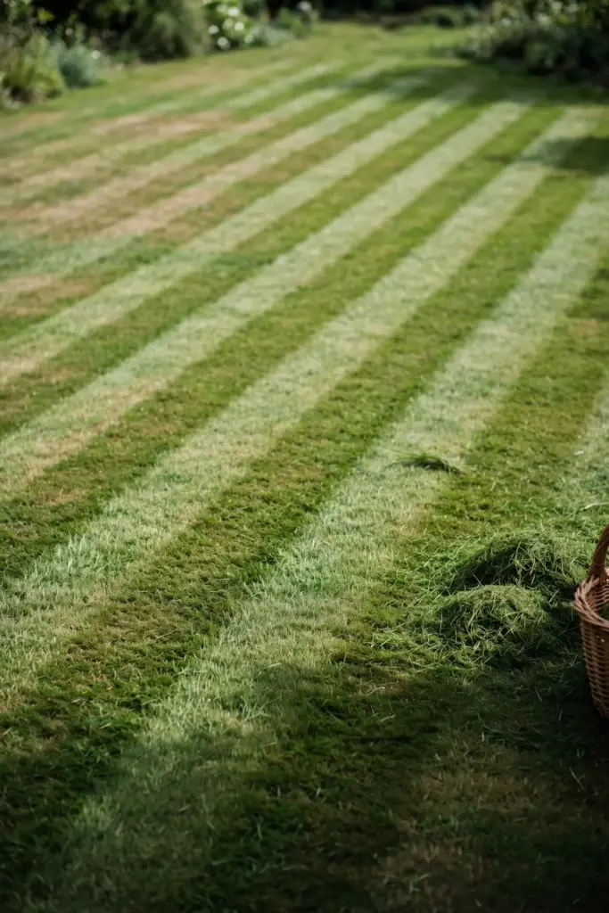 Freshly mowed lawn stripes with a pile of clippings