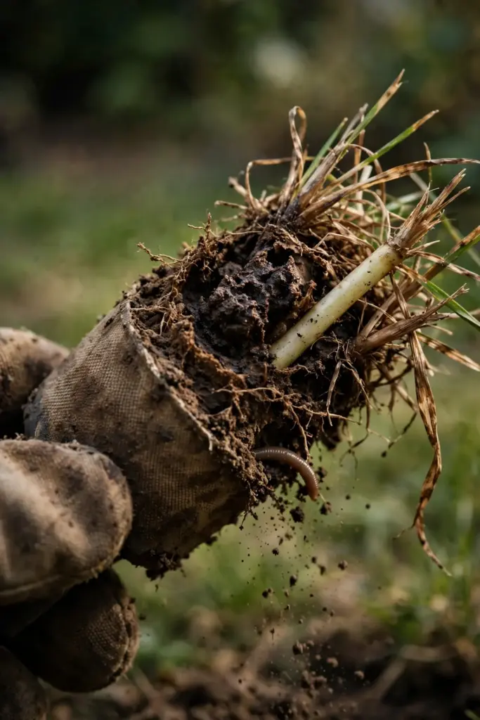 Turf plug with brown rotted roots and dark crown tissue